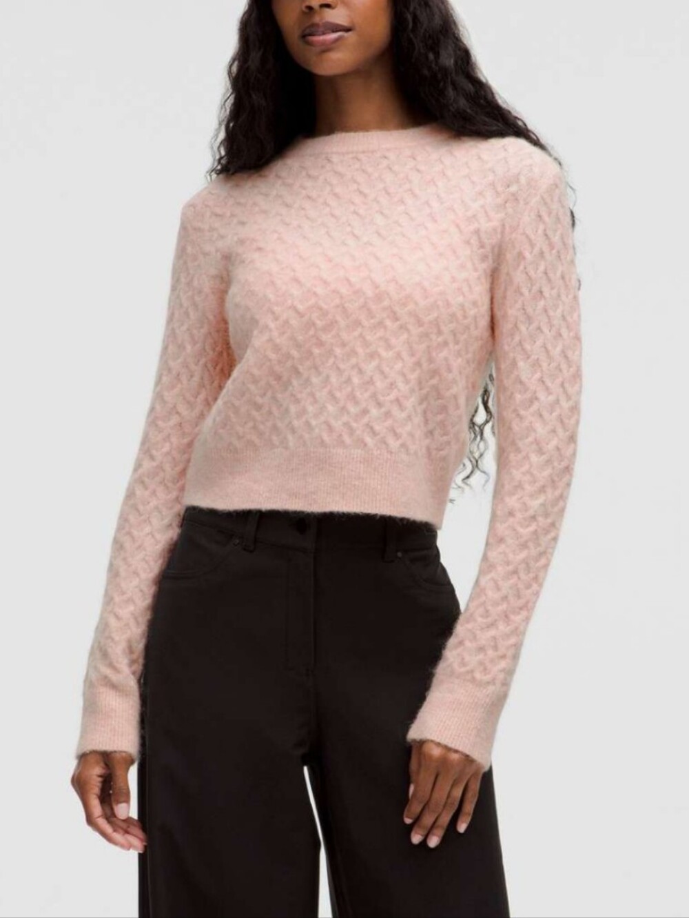 lululemon Alpaca Wool-Blend Crosshatch Pink Mist Cable Knit Crewneck Sweater